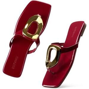 Women Red and Gold Buckle Flat Sandals Square Toe Dressy Flip Flops Trendy Thong